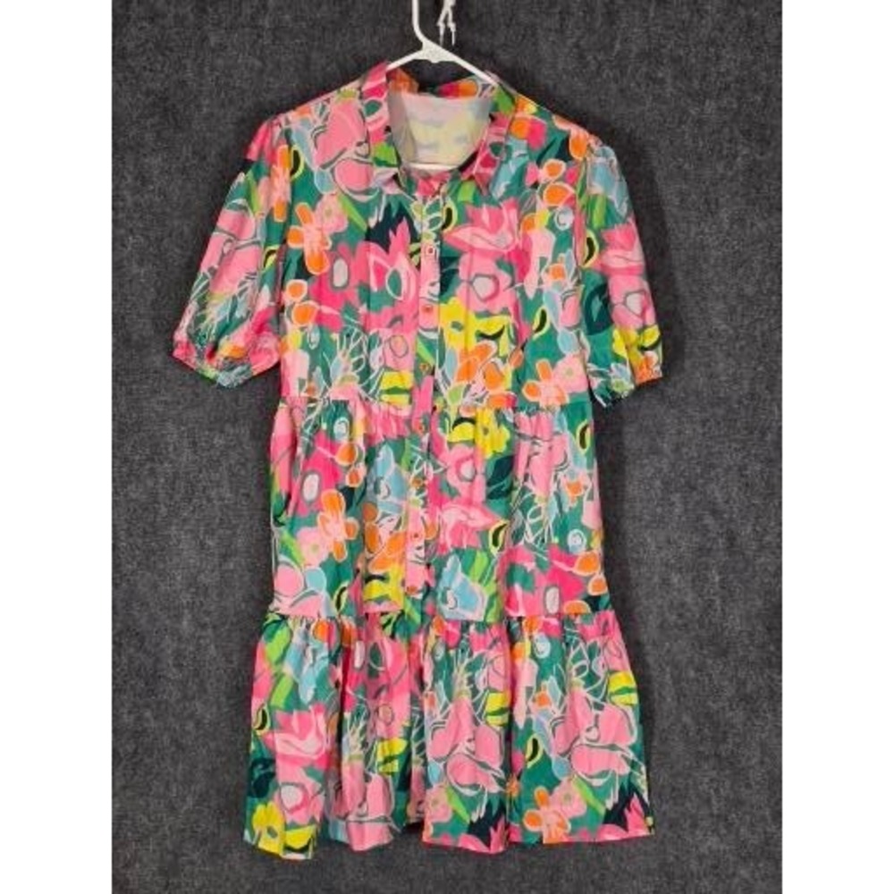 Floral Tiered Shirt Dress Womens Medium Pink Green Abstract Button Front Midi